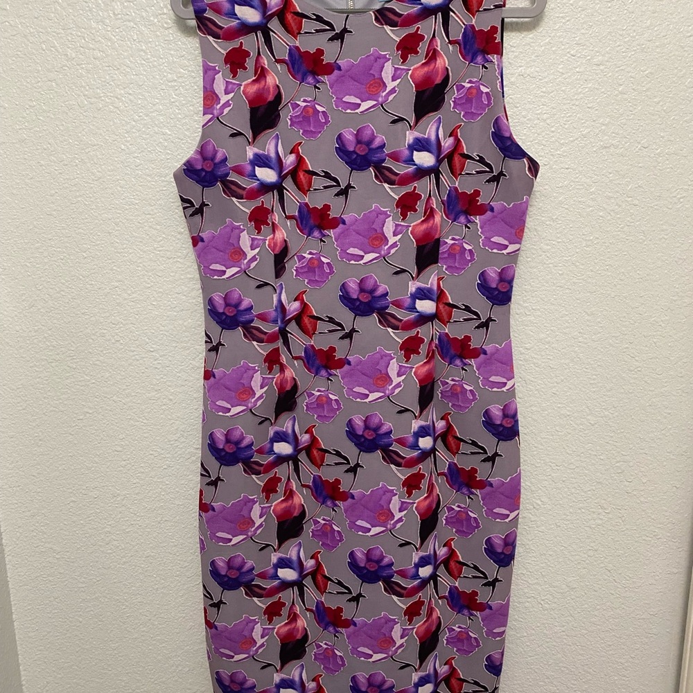 ANTONIO MELANI Pink and Red Sheath Dress Mock Neck Sleeveless Midi